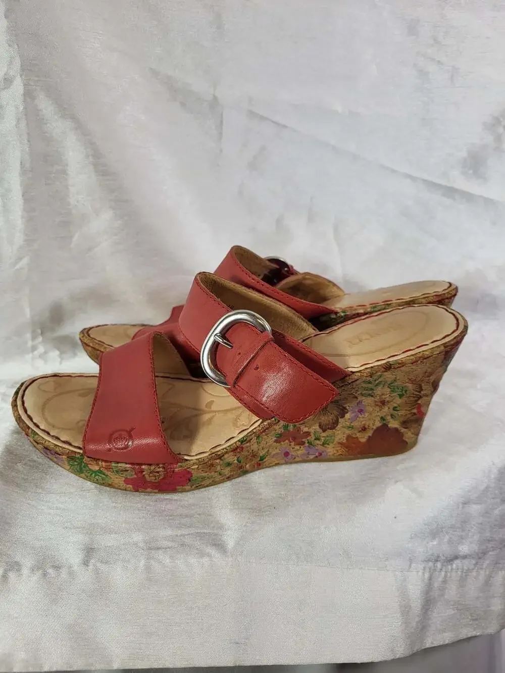 Born Red Leather Floral Cork Wedge Slide Sandals